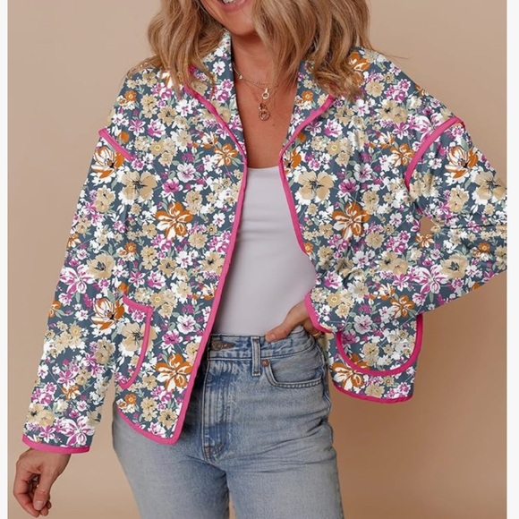 Spring quilted Floral jacketWomen's Jacket with Pink Trim button closure